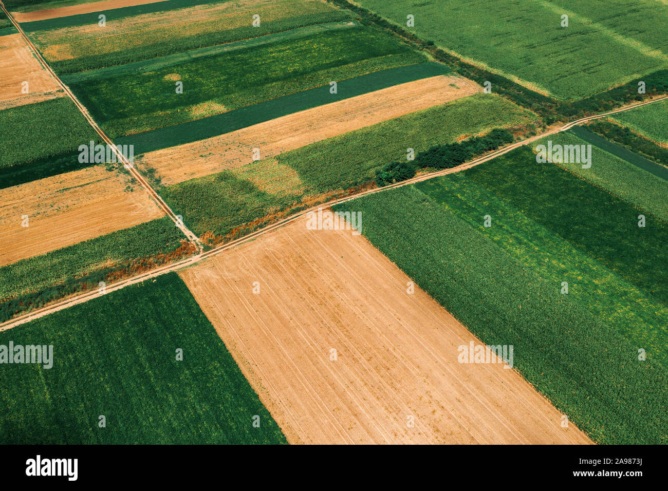 La bellissima campagna patchwork pattern del paesaggio coltivato da fuco pov, campi di mais, di soia e di frumento da alto angolo di visione Foto Stock