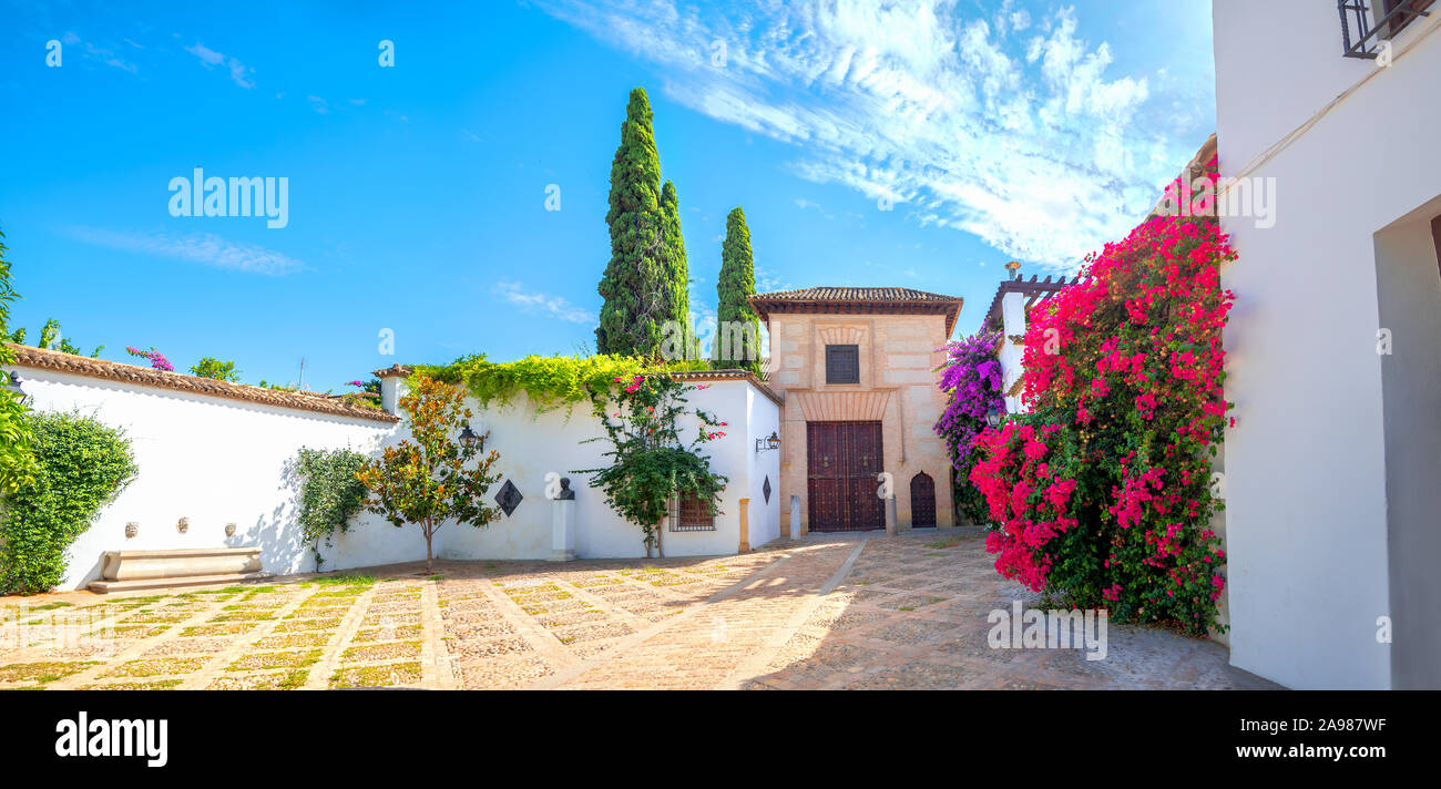 Vista pittoresca della tipica strada e cortile al quartiere residenziale di Cordoba. Andalusia, Spagna Foto Stock