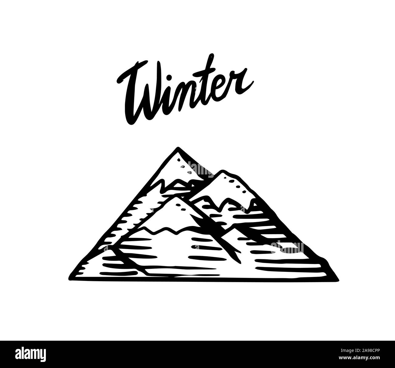 Il logo di montagna. Modello hill per etichette o emblemi. Spazzola Calligraphy Lettering inverno. Incisi disegnati a mano nel vecchio doodle vintage sketch. Illustrazione Vettoriale