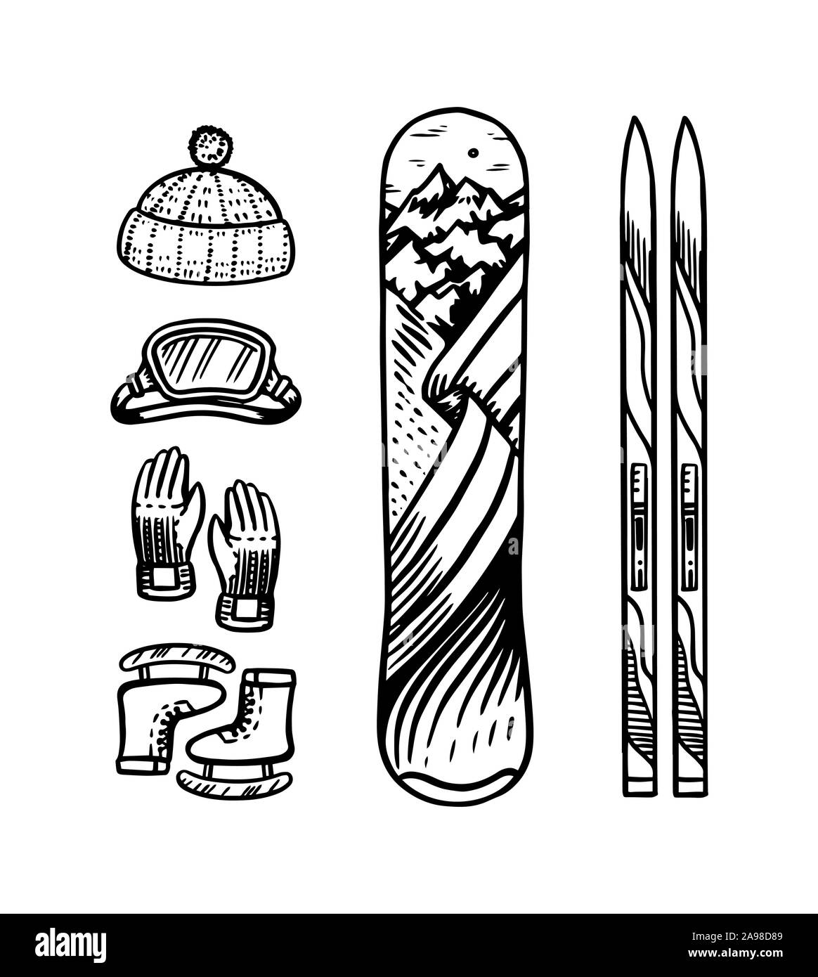In stile vintage di snowboard e sci. In inverno abiti caldi. Elementi  attivi per gli sport di montagna. Incisi disegnati a mano retrò profilo  disegna per adesivi o Immagine e Vettoriale 