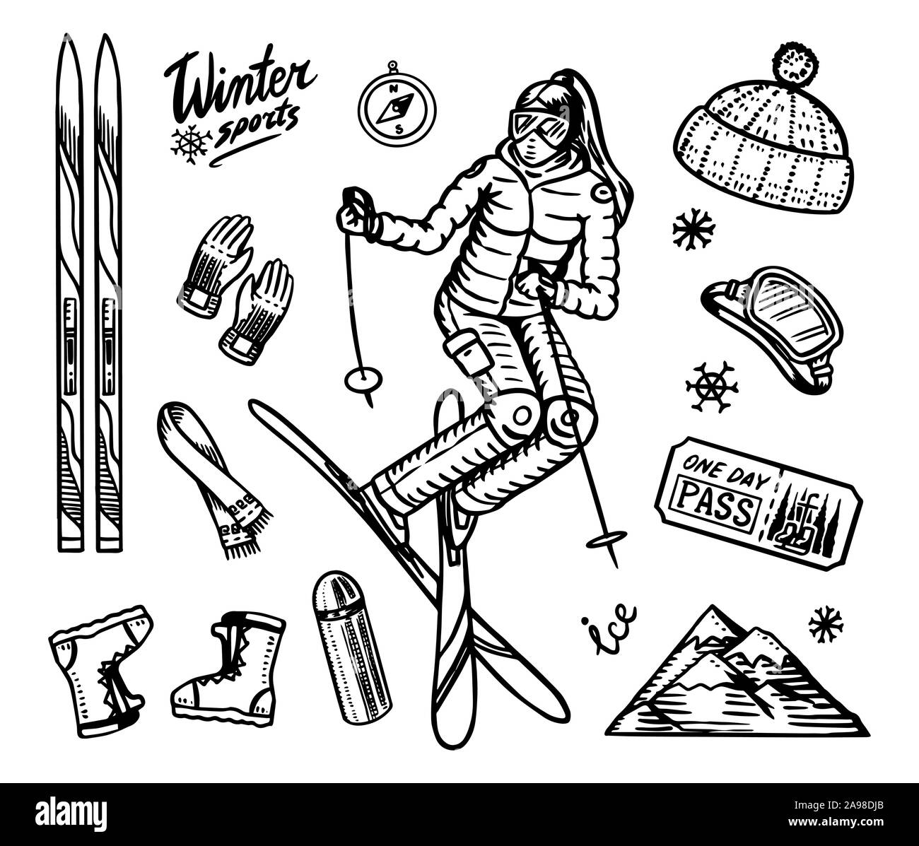 Sport invernali stagione. Vintage Snowboard e sci, atleta di salto, mountain funivia o Funicolare funivia, pattini, vestiti caldi per esterno Illustrazione Vettoriale