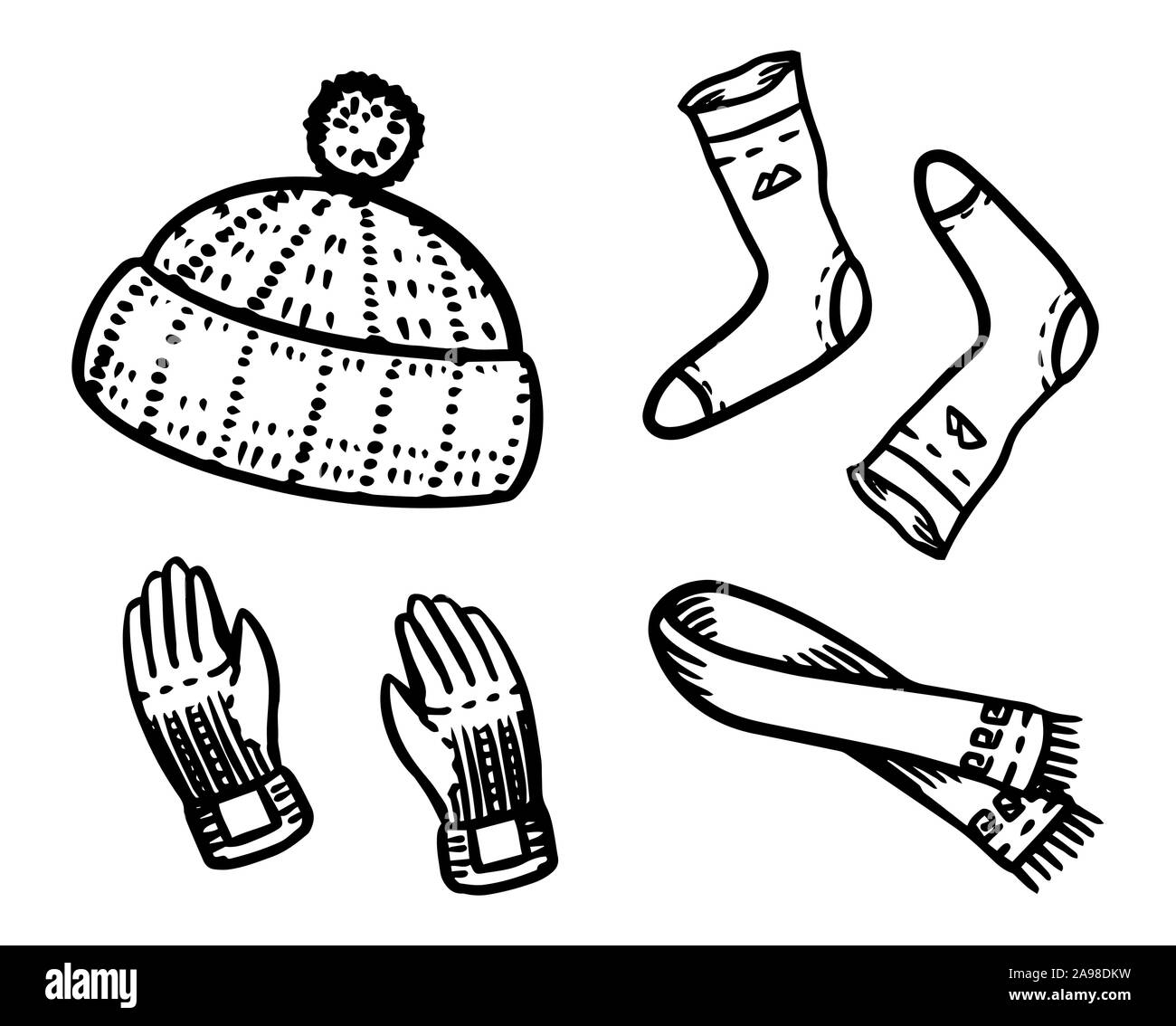 Vestiti caldi in un doodle in stile vintage. Inverno cappello e calze, guanti e una sciarpa lavorata a maglia. Incisi disegnati a mano retrò profilo disegna per adesivi o Illustrazione Vettoriale