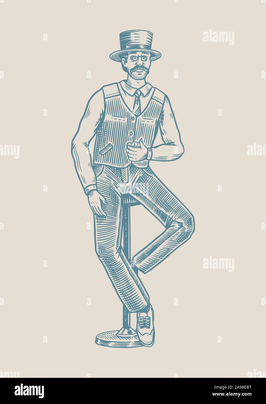 Un uomo si siede su una sedia bar con un bicchiere di whiskey. Vintage Victorian elegante gentiluomo con alcool bere. Disegnato a mano disegno inciso per poster Illustrazione Vettoriale