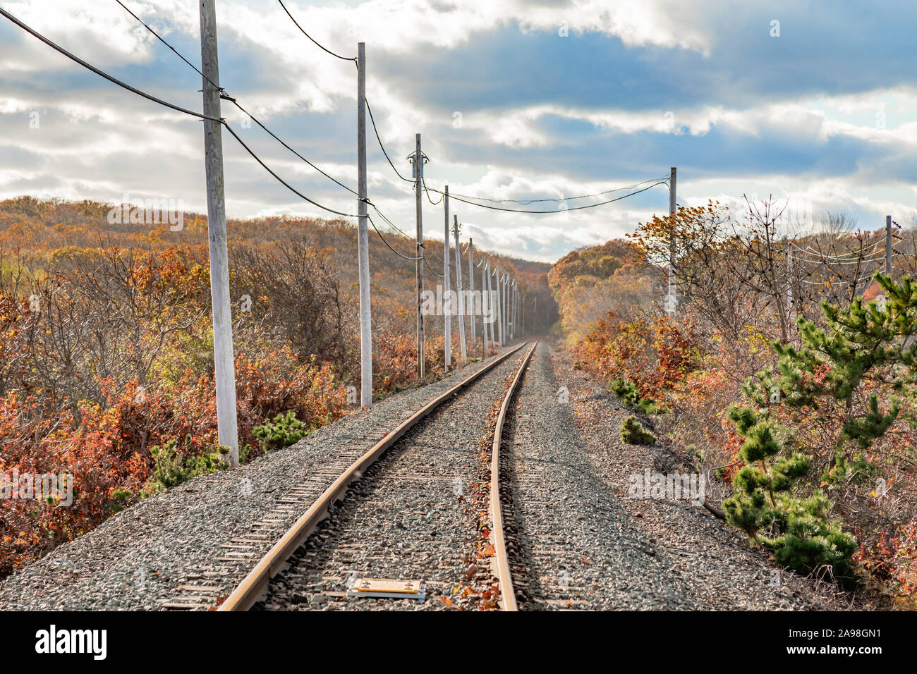 Ferrovia di Long Island binari del treno a Montauk, NY Foto Stock