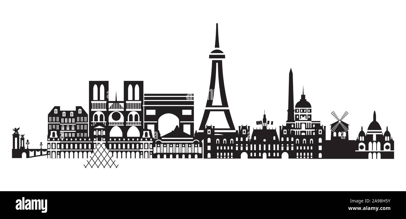 Parigi panoramiche dello skyline della città illustrazione vettoriale nei colori bianco e nero isolato su sfondo bianco. Silhouette di vettore Illustrazione dei punti di riferimento o Illustrazione Vettoriale