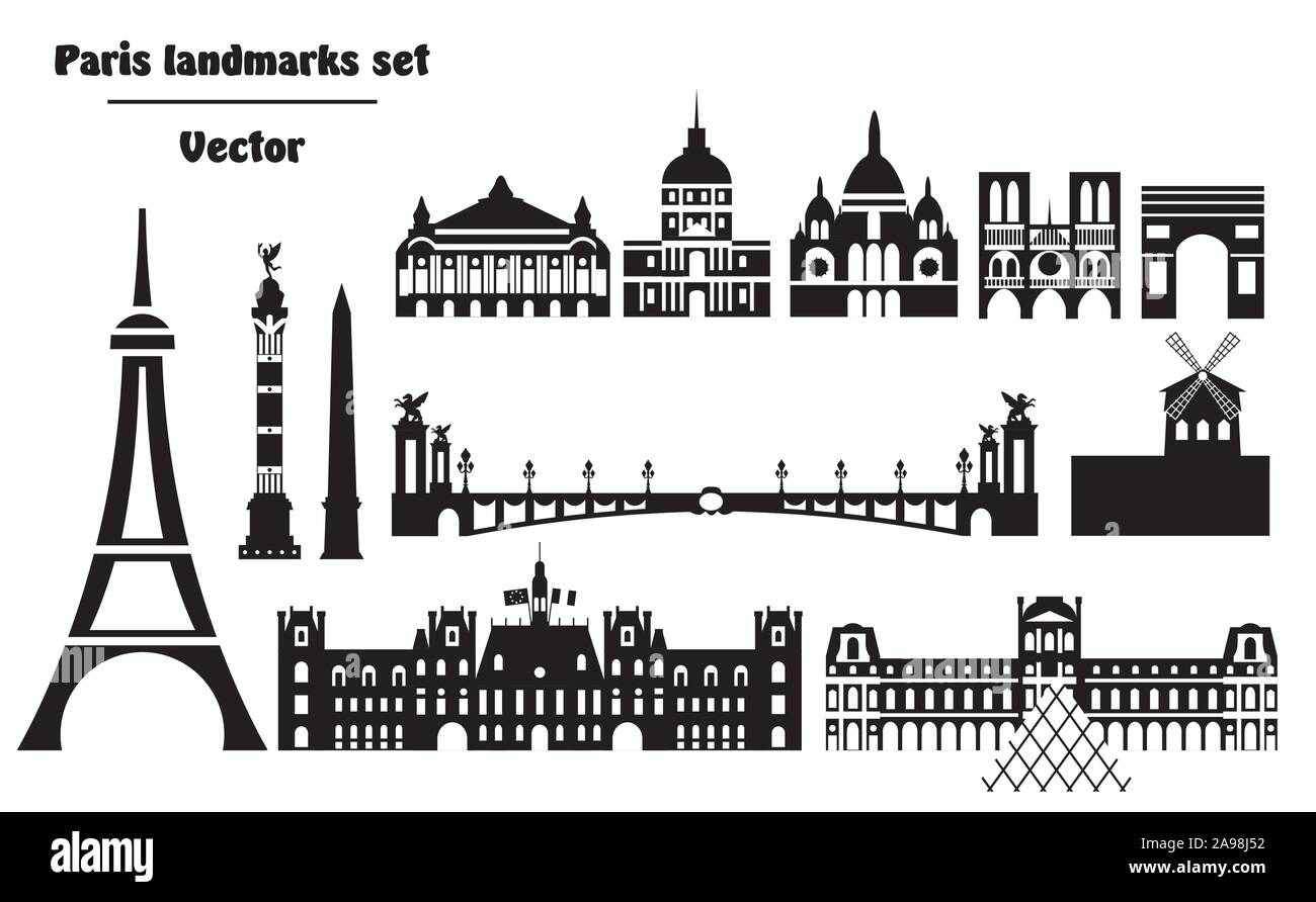 Set di vettore dei punti di riferimento di Parigi. Illustrazione Vettoriale nei colori bianco e nero isolato su sfondo bianco. Silhouette di vettore illustrazione del delta Illustrazione Vettoriale