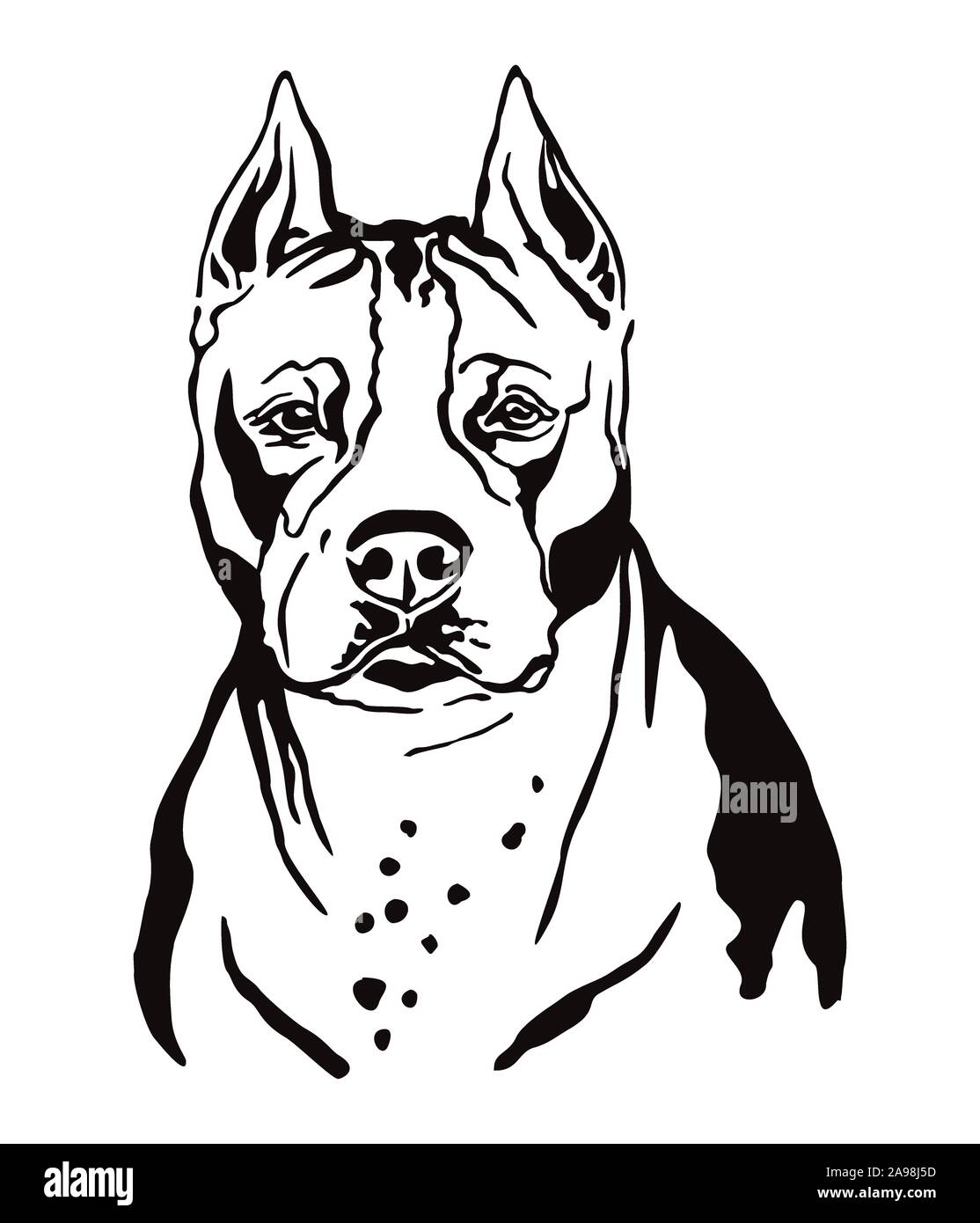 Decorativa profilo di contorno ritratto di cane American Staffordshire Terrier, illustrazione vettoriale in colore nero isolato su sfondo bianco. Immagine per Illustrazione Vettoriale