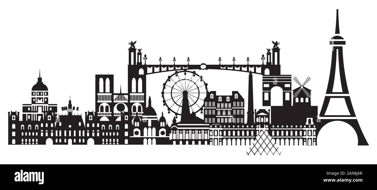 Parigi panoramiche dello skyline della città illustrazione vettoriale nei colori bianco e nero isolato su sfondo bianco. Silhouette di vettore Illustrazione dei punti di riferimento o Illustrazione Vettoriale