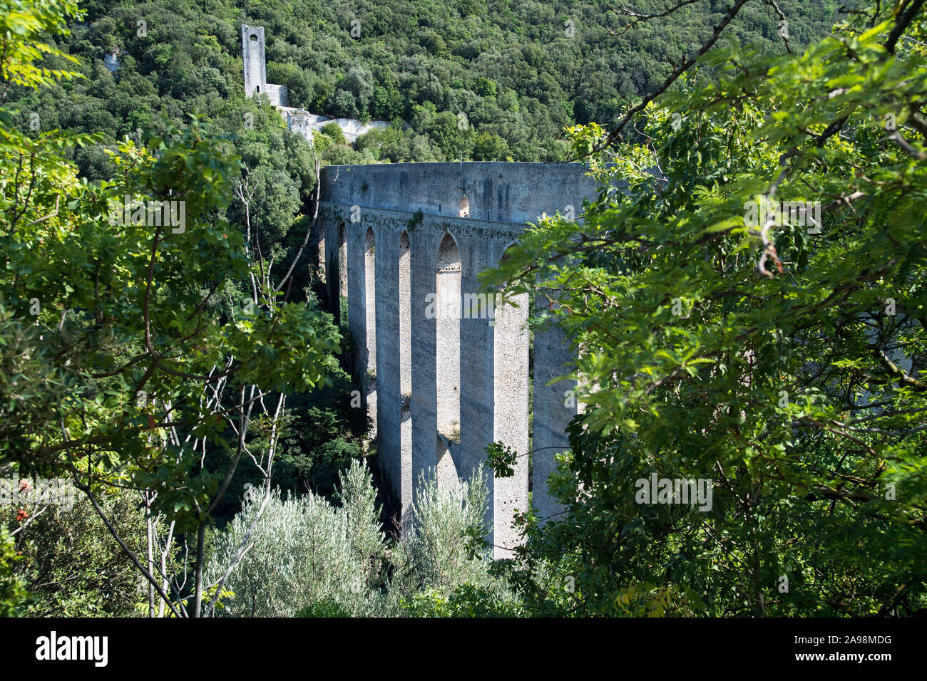 80 m di altezza e 230 m lungo il ponte medievale delle Torri dal XIII XIV secolo nel centro storico di Spoleto, umbria, Italia. 19 agosto 2019© Wojciech Str Foto Stock