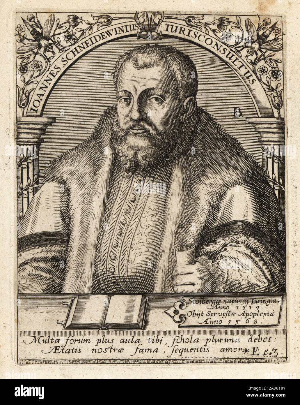 Johann Schneidewein, 1519-1568, giurista tedesco, protege e studente di Martin Luther, rettore dell università di Wittenberg. Ioannes Schneidewinius Iuris consultus. Incisione su rame di Johann Theodore de Bry da Jean-Jacques Boissard La Bibliotheca chalcographica, Johann Ammonius, Francoforte, 1650. Foto Stock