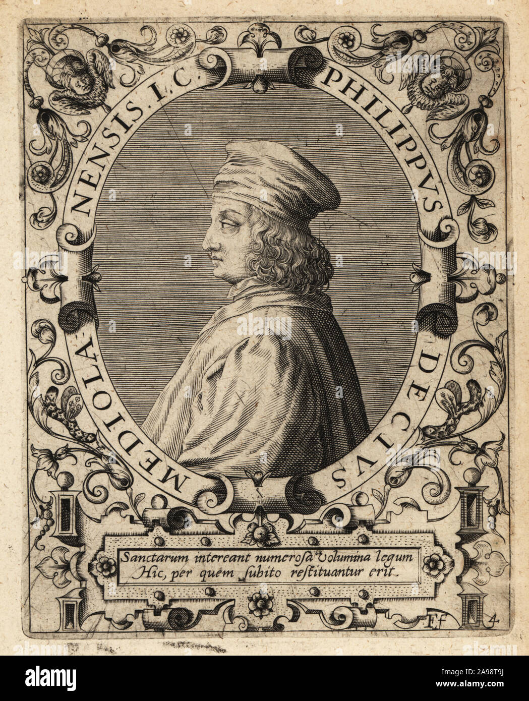 Filippo Decio, 1454-1535, giurista italiano i cui servizi sono stati corteggiata da università europee e i righelli. Egli è stato un autorevole rappresentante della pre-scolastico umanista ius commune tradizione. Philippus Decio Mediolanensis IC. Incisione su rame di Johann Theodore de Bry da Jean-Jacques Boissard La Bibliotheca chalcographica, Johann Ammonius, Francoforte, 1650. Foto Stock