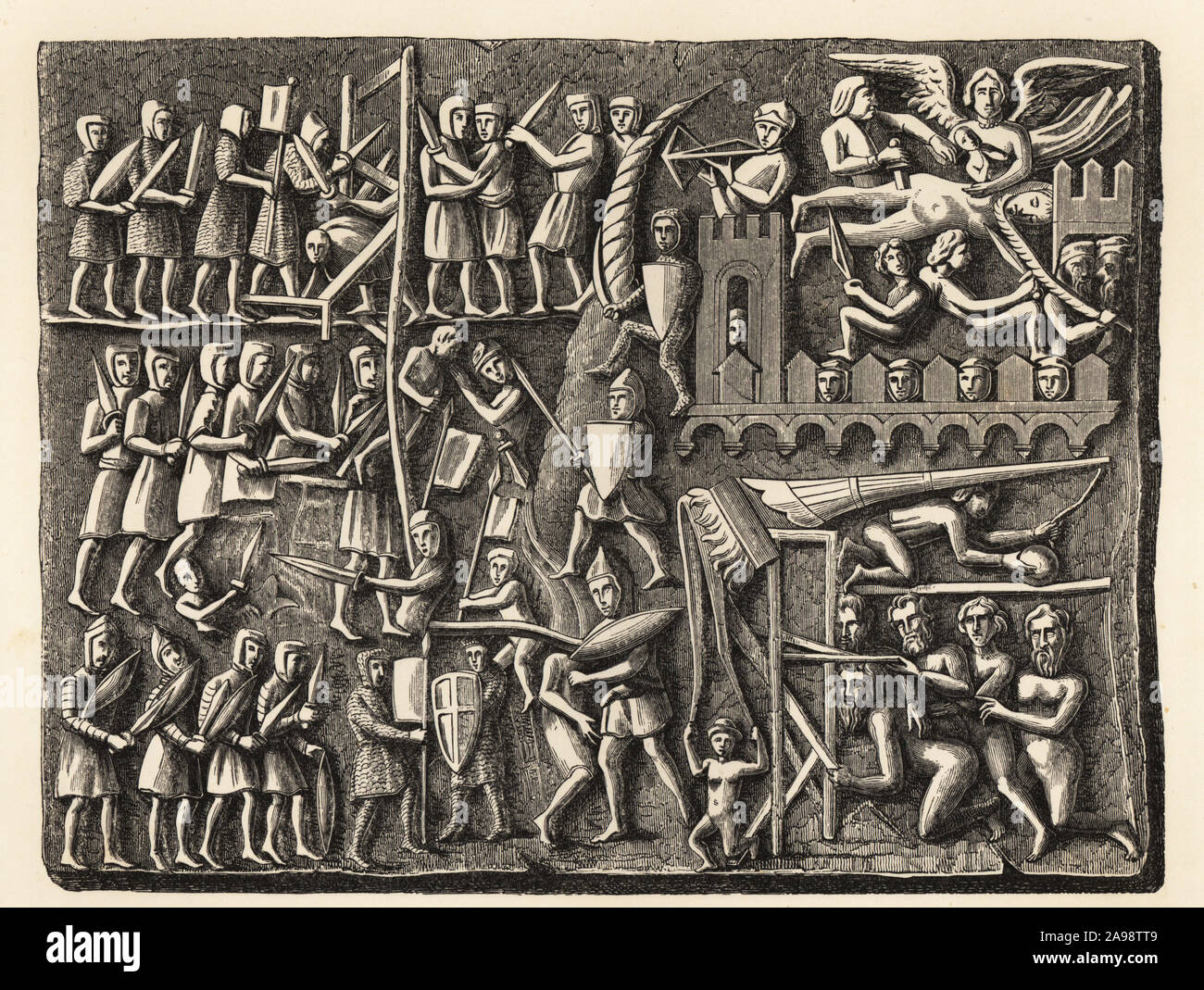 Scena da assedio di Tolosa che mostra la morte di Simon IV de Montfort, 25 giugno 1218. La sua testa fu devastata da una pietra da una catapulta mangonel. Il bassorilievo dalla chiesa di Saint Nazaire, Carcassonne, del XIII secolo. Episodio du siege de Toulouse rappresentante la mort de Simon de Montfort. Xilografia di Etienne Huyot e Jules Huyot da Paul Lacroix's La Vie Militaire et Religieuse au Moyen Age et a l'Epoque de la Renaissance, militare e la vita religiosa del Medioevo e del Rinascimento, Parigi, 1873. Foto Stock