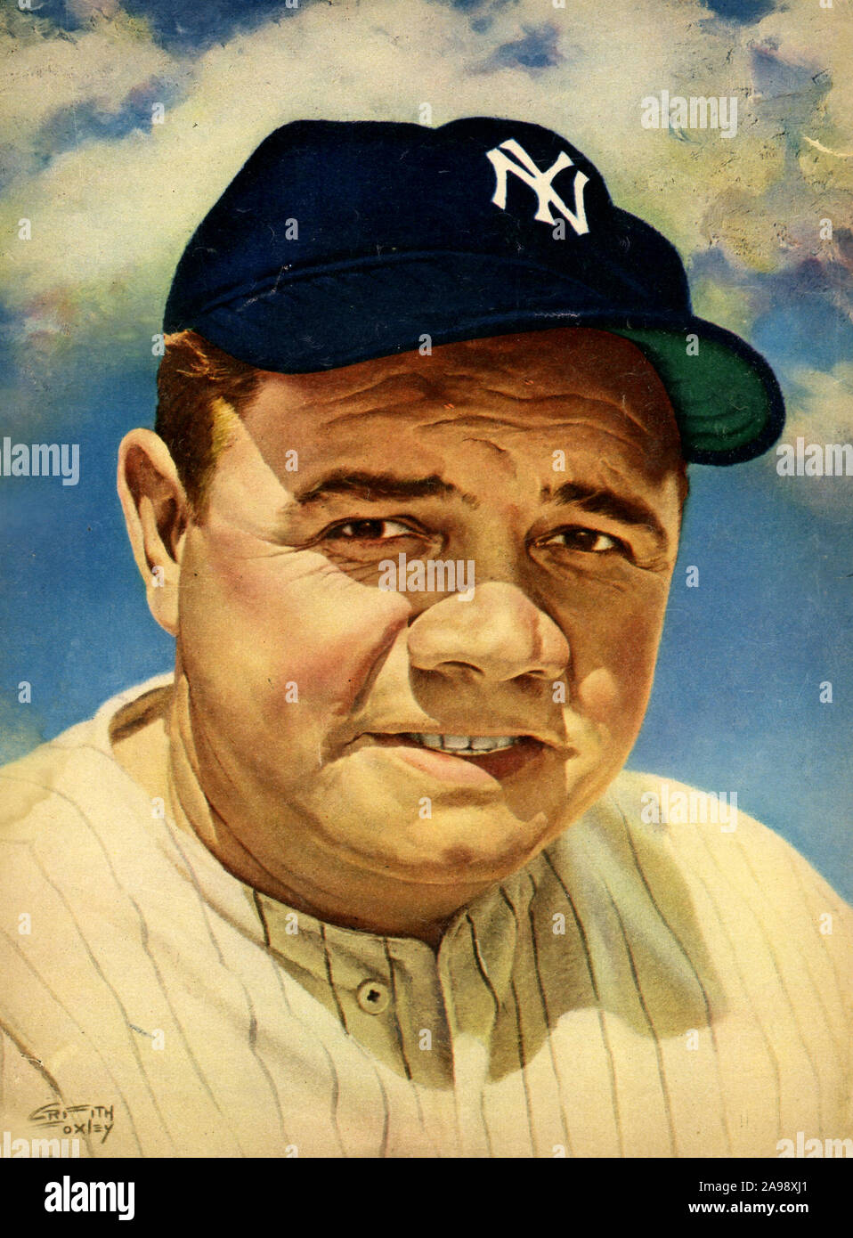 Rivista Vintage illustrazione del leggendario New York Yankee giocatore di baseball e Hall of Famer Babe Ruth. Foto Stock