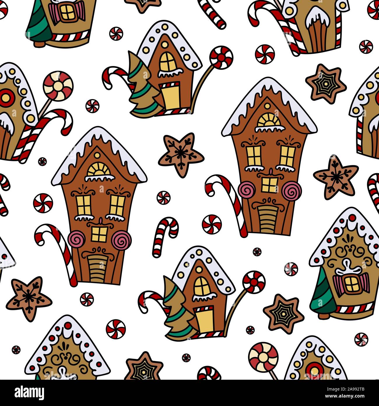 Natale seamless pattern con gingerbread house, candy canes e lollipop. Disegnata a mano in stile scarabocchio. Illustrazione Vettoriale. Isolato su sfondo bianco. Perfetto per avvolgere carta, stampa di tessuto Illustrazione Vettoriale Natale seamless pattern con gingerbread house, candy canes e lollipop. Disegnata a mano in stile scarabocchio. Illustrazione Vettoriale. Isolato su sfondo bianco. Perfetto per avvolgere carta, stampa di tessuto Illustrazione Vettoriale