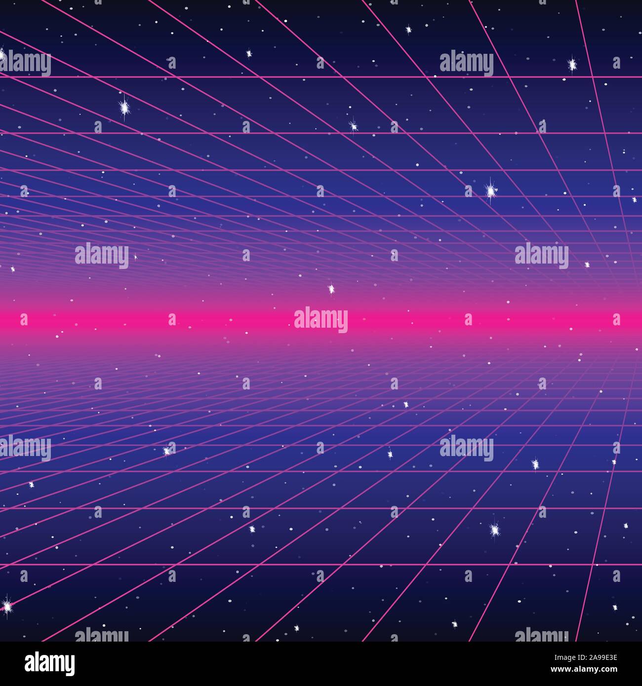 Retrò sfondo al neon con 80s stile griglia laser e stelle Illustrazione Vettoriale