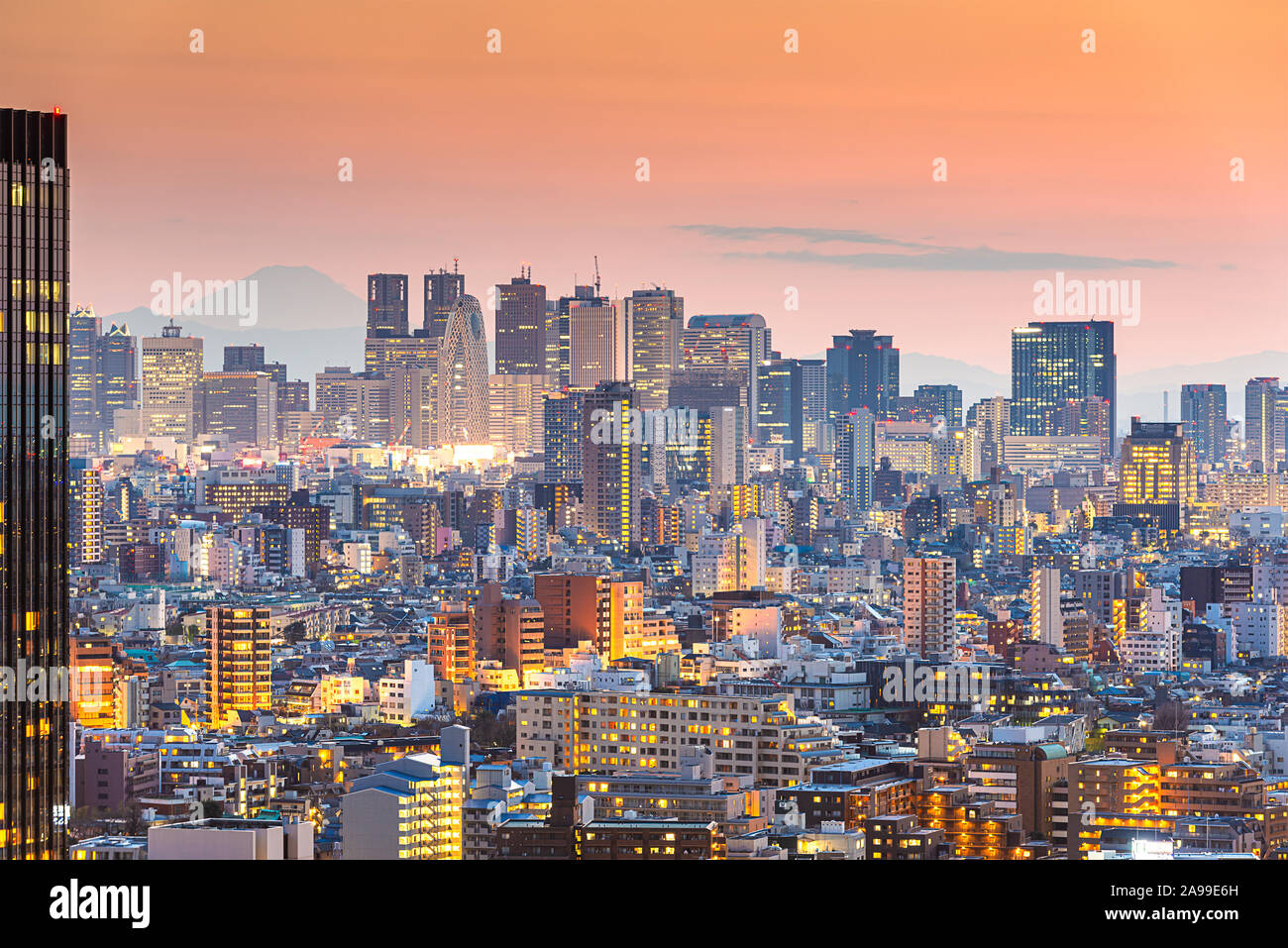 Tokyo, Giappone cityscape di Shinjuku e Mt. Fuji in lontananza al crepuscolo. Foto Stock
