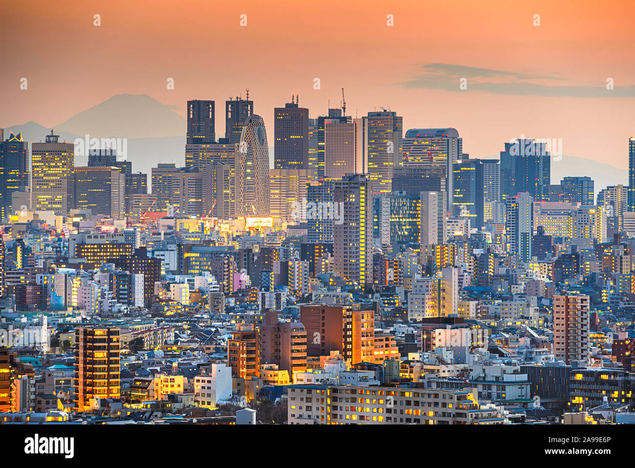 Tokyo, Giappone cityscape di Shinjuku e Mt. Fuji in lontananza al crepuscolo. Foto Stock