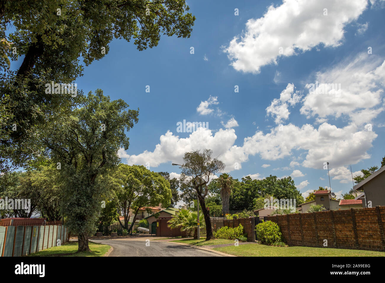 Alberton, Sud Africa - una via nel quartiere residenziale di Brackendowns nella città immagine in formato orizzontale Foto Stock