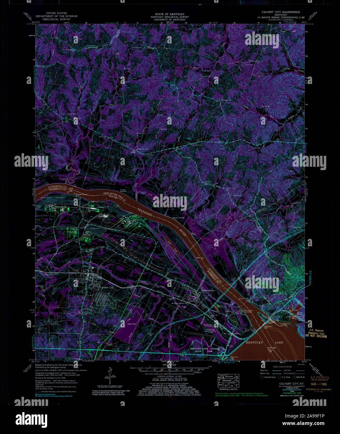 USGS TOPO Map Kentucky KY Calvert City 708304 1958 24000 invertiti Foto Stock