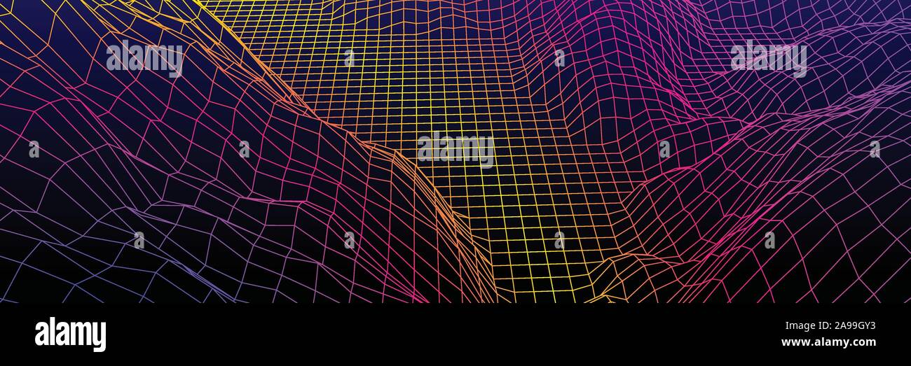 Panorama digitale con le montagne o colline fatte di griglia di linea Illustrazione Vettoriale