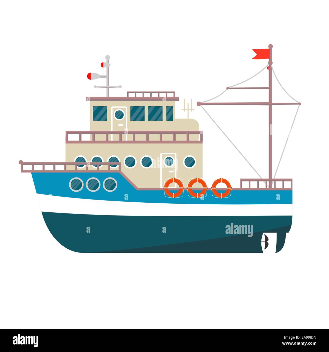 La pesca commerciale barca vista laterale . Mare oceano o trasporto, nave marina industriali per la produzione di frutti di mare Illustrazione Vettoriale