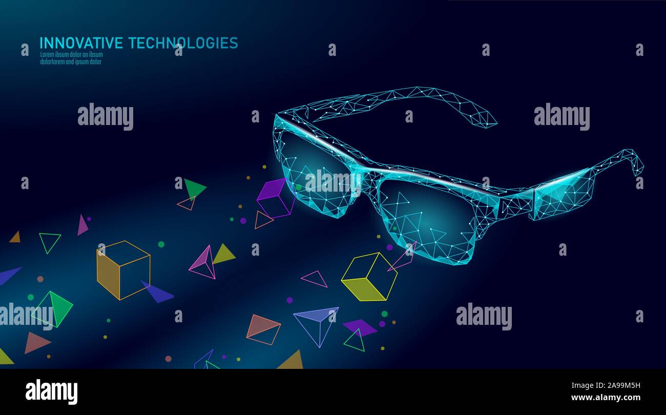 Virtual augmented reality bicchieri bassa poli. Innovazione media entertainment concetto poligonale. Tecnologia di connessione web cinema 3D illustrazione vettoriale Illustrazione Vettoriale