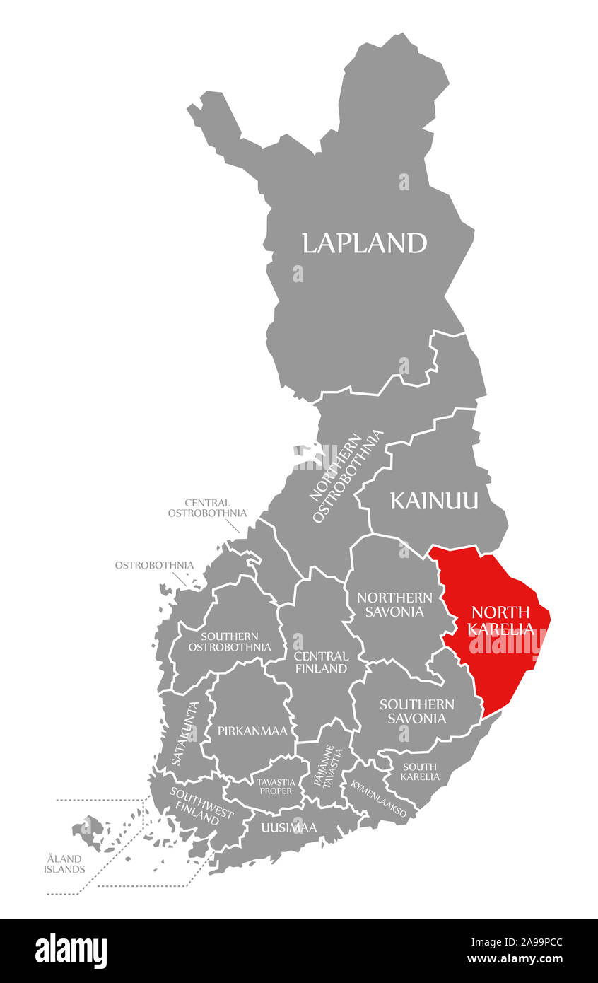 A nord della Karelia evidenziata in rosso nella mappa della Finlandia Foto Stock