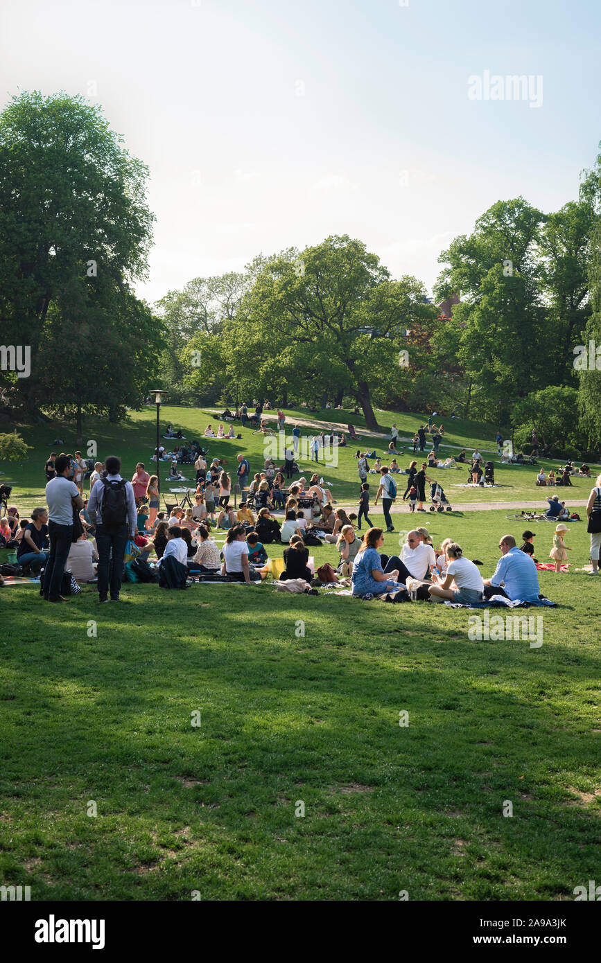 Park Stockholm, vista del popolo svedese rilassante in Vasaparken su un pomeriggio d'estate, quartiere di Vasastaden, centrale di Stoccolma, Svezia. Foto Stock