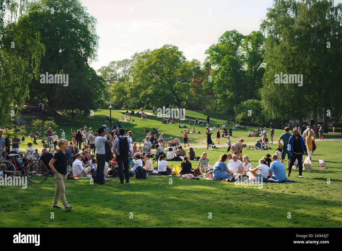 Parco di Stoccolma, vista del popolo svedese rilassante in Vasaparken su un pomeriggio d'estate, quartiere di Vasastaden, centrale di Stoccolma, Svezia. Foto Stock