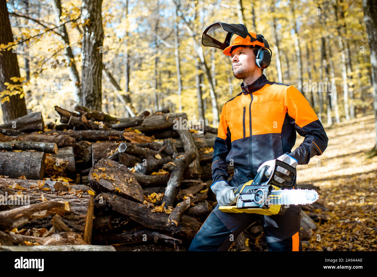 Ritratto di un bel professional lumberjack in indumenti da lavoro protettiva con una motosega nel bosco Foto Stock