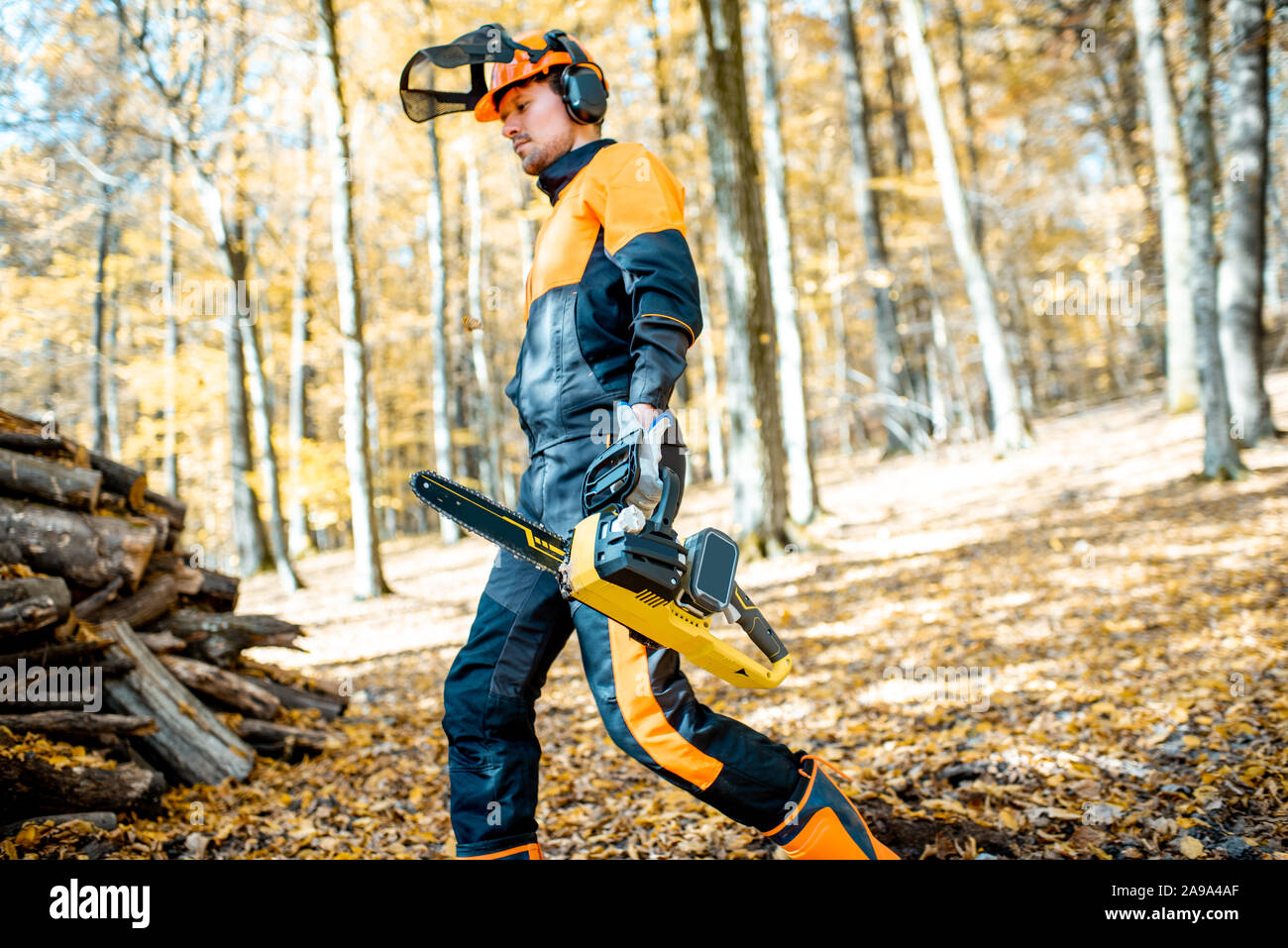 Ritratto di uno stile di vita di un professionista lumberjack in indumenti da lavoro protettiva a piedi con una motosega nel bosco Foto Stock