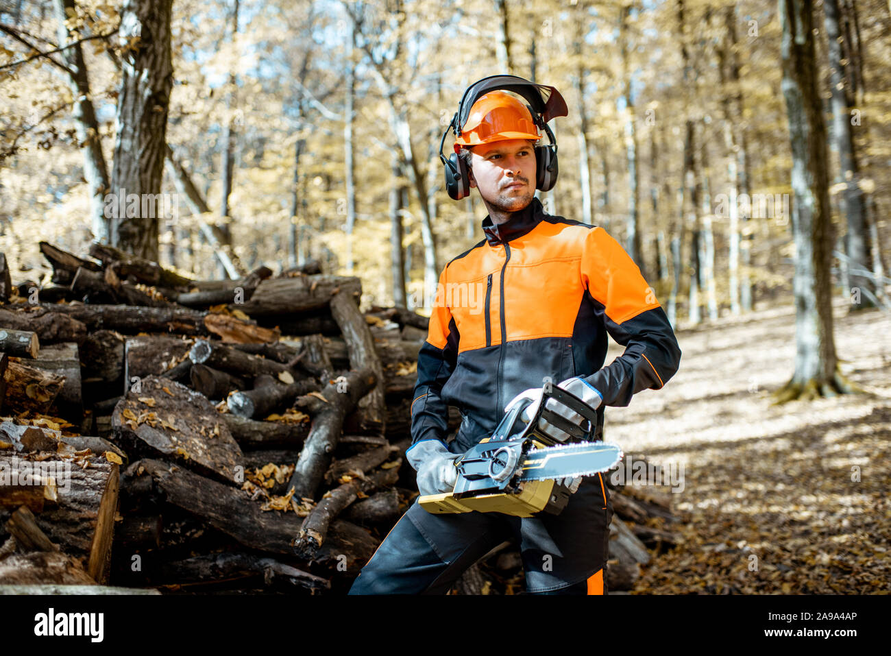 Ritratto di un bel professional lumberjack in indumenti da lavoro protettiva con una motosega nel bosco Foto Stock