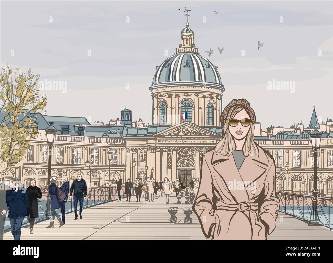 Giovane donna sul Pont des Arts di Parigi - illustrazione vettoriale (ideale per la stampa su tessuto o carta, poster o di sfondo, la decorazione della casa) Illustrazione Vettoriale