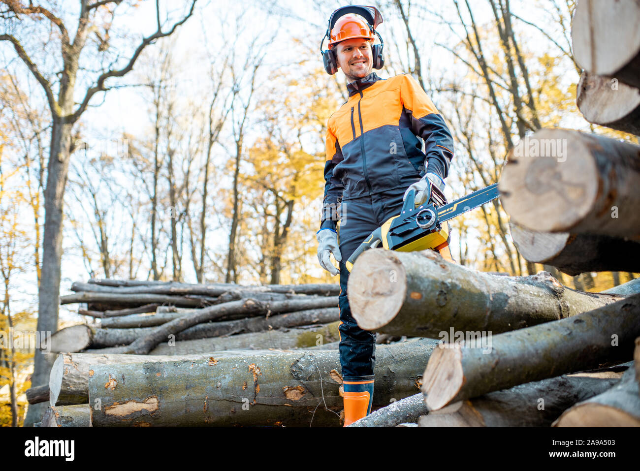 Ritratto di un bel professional lumberjack in indumenti da lavoro protettiva con un chainsaw vicino i tronchi di legno nella foresta Foto Stock