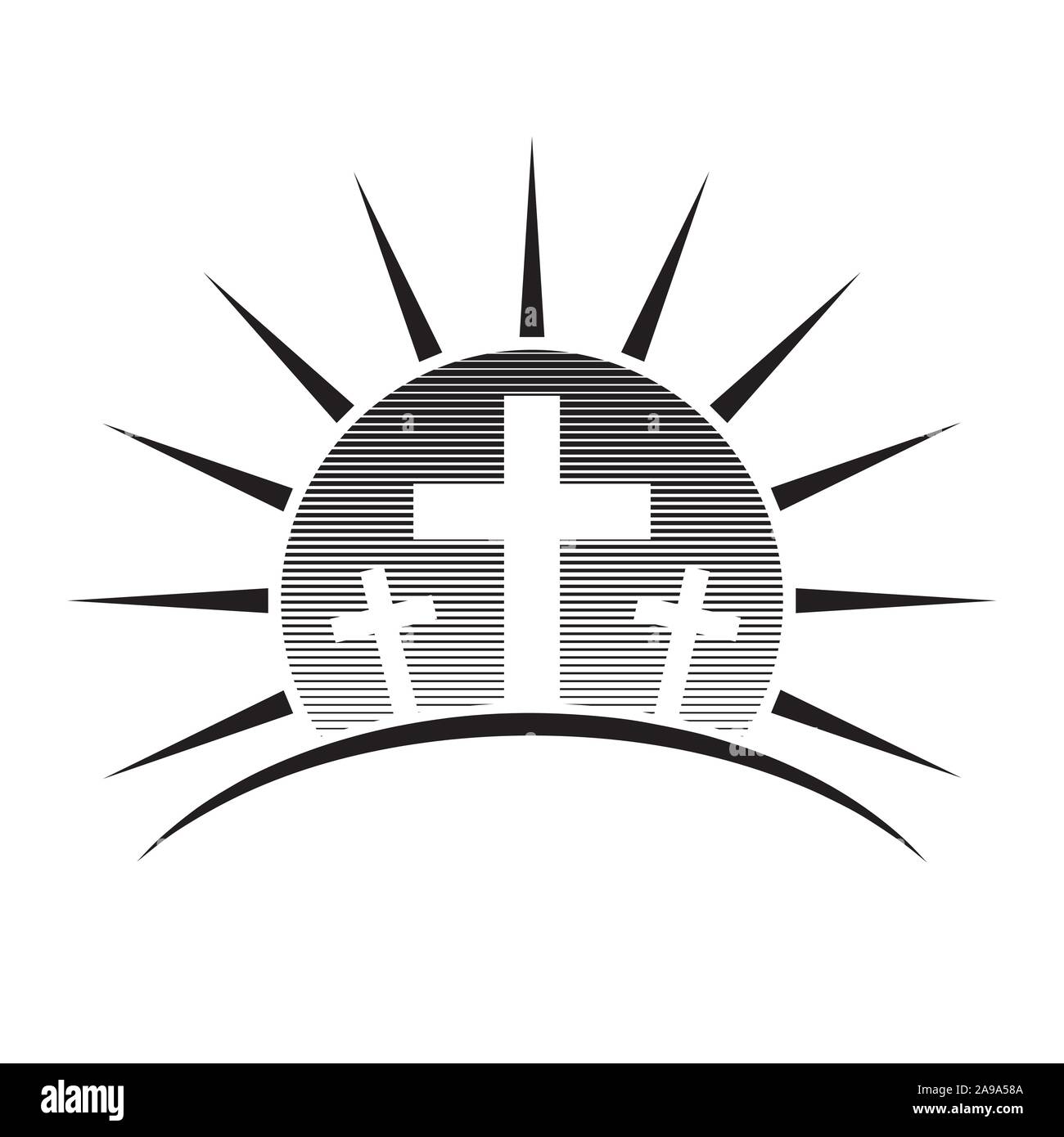 Logo della chiesa. Una croce cristiana icona. Una croce cristiana su un sfondo di sun. Illustrazione Vettoriale. Illustrazione Vettoriale