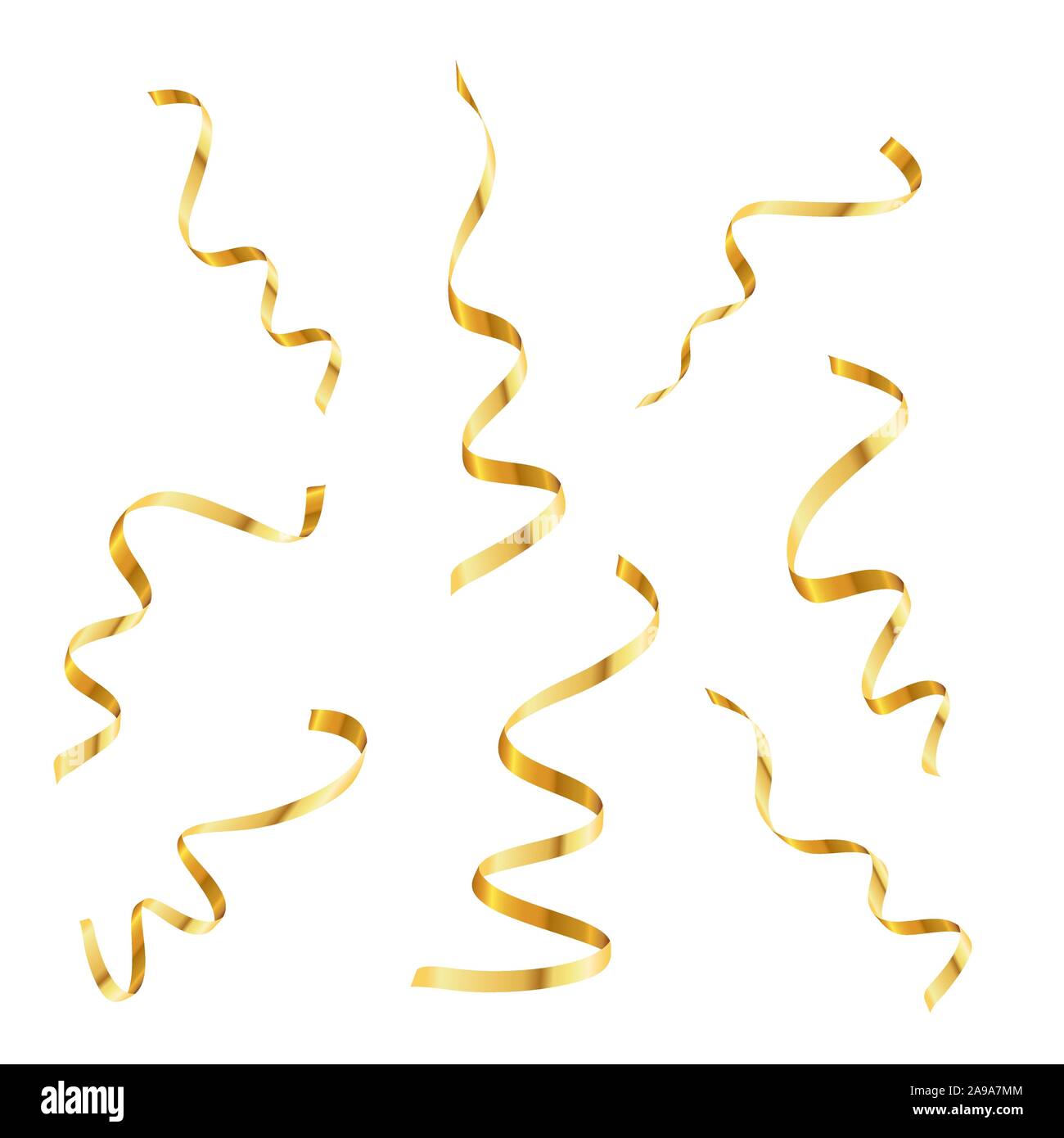 Serpentina di oro o di coriandoli, isolati su sfondo bianco. Illustrazione Vettoriale. Set di festosa serpentina a nastro. Illustrazione Vettoriale