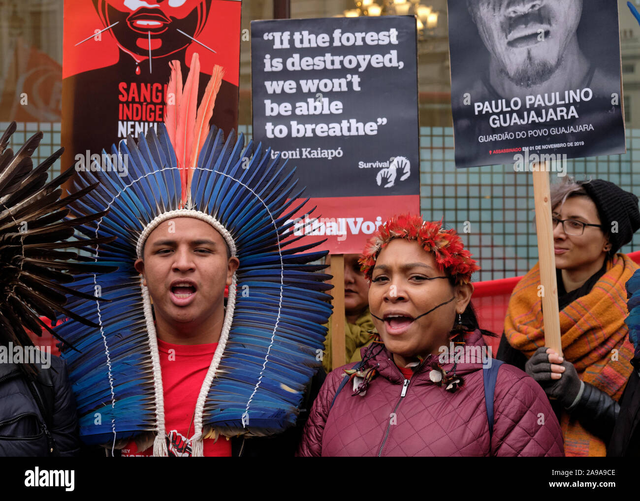 Londra, Regno Unito. 14 novembre 2019. Dieci leader indigeni provenienti da tutto il Brasile hanno protestato al di fuori dell'ambasciata brasiliana a Londra per chiedere la fine della distruzione delle loro terre e del loro popolo. I leader consegneranno all'ambasciata il premio razzista dell'anno, quest'anno vinto dal presidente Bolsonaro. I leader indigeni si trovano a Londra come parte del tour di advocacy "sangue indigeno: Non una goccia di più". Chiedono ai cittadini europei di boicottare l'agroalimentare brasiliana fino al rispetto dei loro diritti. Credito: Alamy Live News Foto Stock