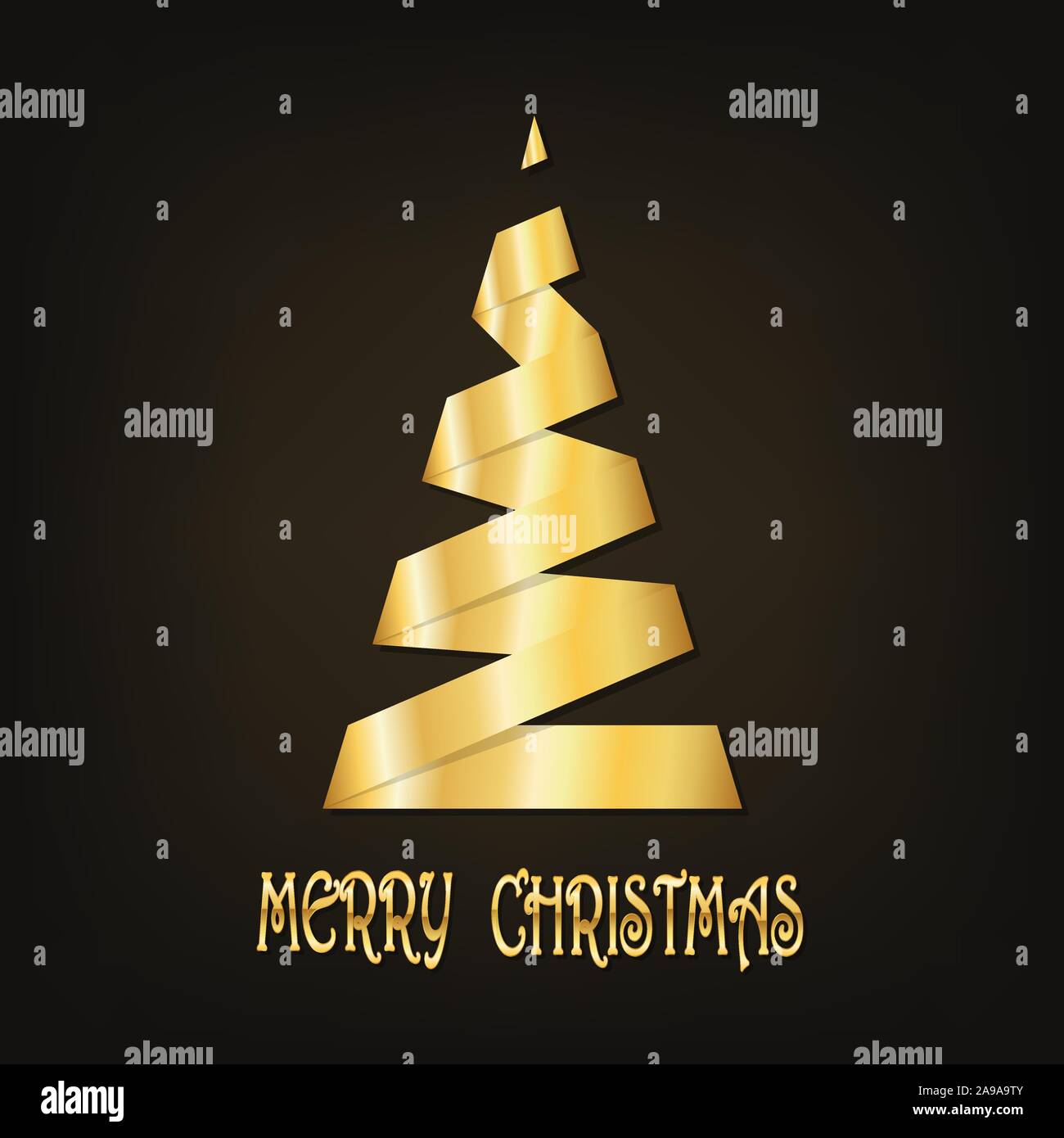 Golden albero di Natale su sfondo scuro. Illustrazione Vettoriale. Albero di Natale fatto di nastro d'oro Illustrazione Vettoriale