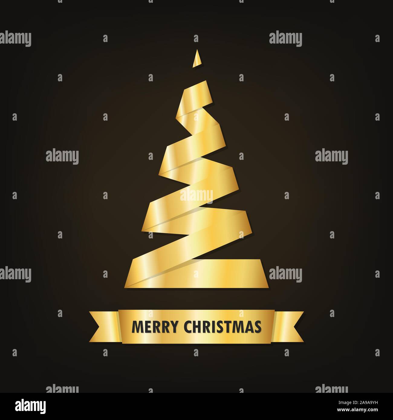 Golden albero di Natale su sfondo scuro. Illustrazione Vettoriale. Albero di Natale fatto di nastro d'oro Illustrazione Vettoriale