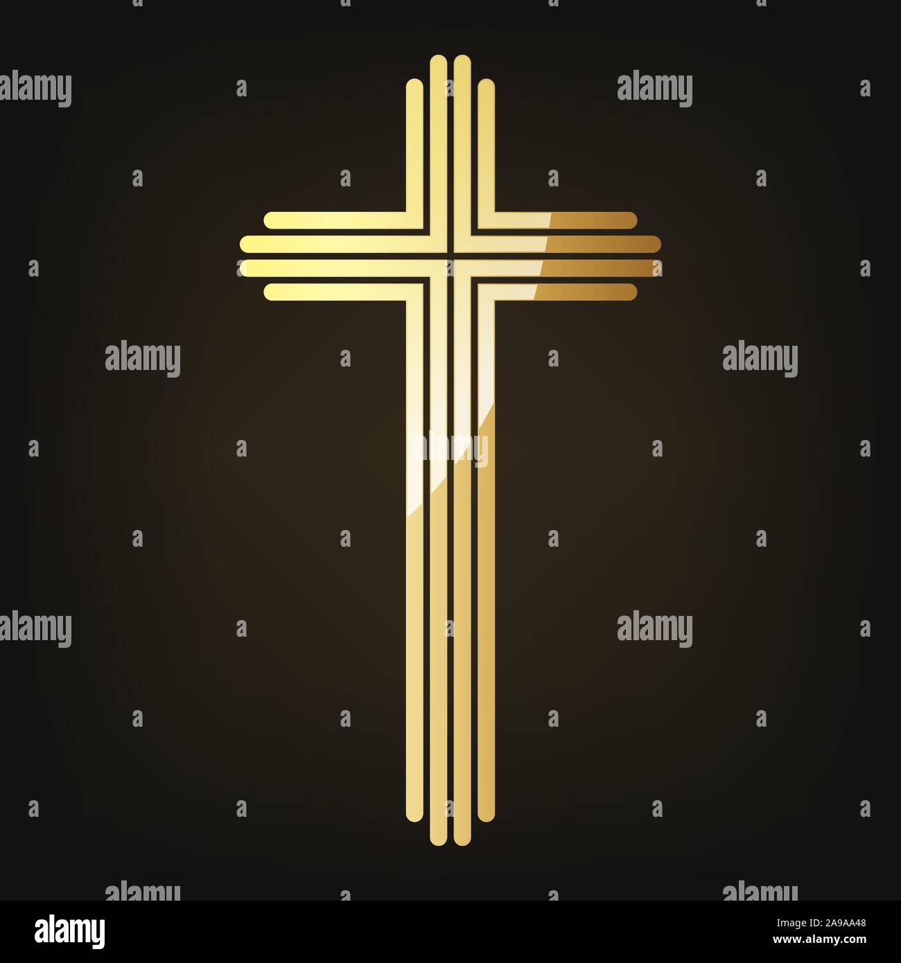 Golden Christian icona a forma di croce. Illustrazione Vettoriale. Golden una Croce Cristiana isolato su sfondo scuro. Illustrazione Vettoriale