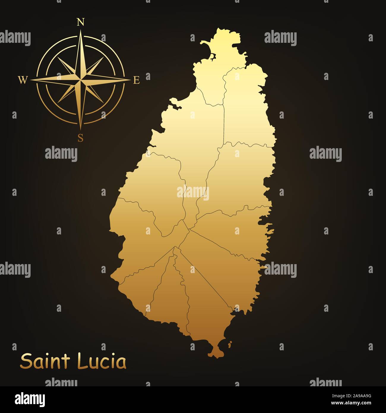 Oro mappa di Saint Lucia. Illustrazione Vettoriale. Mappa lucida con gradiente dorato. Illustrazione Vettoriale