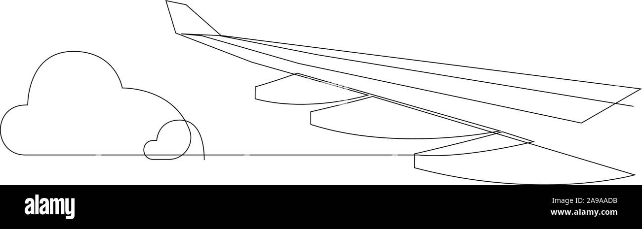 Ala di aeroplano e nuvole. Una linea Battenti aereo illustrazione. Stile minimal ala piano isolato su sfondo bianco. Viaggi e turismo. Vettore Illustrazione Vettoriale