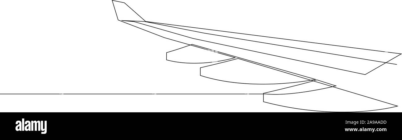 Ala di aereo. Una linea Battenti aereo illustrazione. Stile minimal ala piano isolato su sfondo bianco. Viaggi e turismo. Illustratio vettore Illustrazione Vettoriale