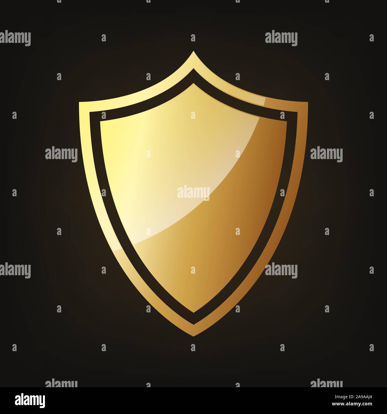 Golden icona dello scudo. Illustrazione Vettoriale. Scudo dorato isolato su sfondo scuro. Illustrazione Vettoriale