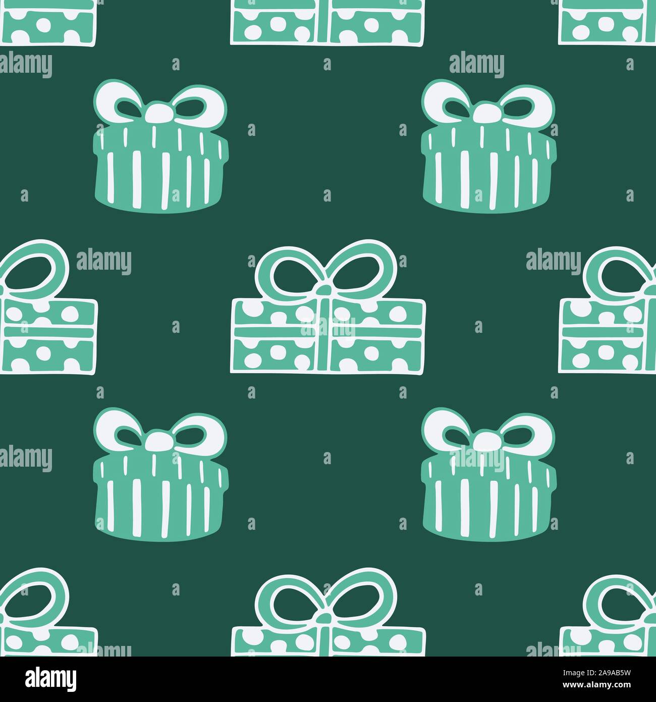 Modello senza cuciture con disegnati a mano doodle illustrazione di un regalo di Natale di scatole. Nuovo anno e vettore di Natale presenta. Tessuto festoso. La stampa tessile te Illustrazione Vettoriale