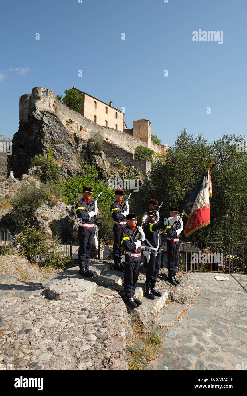 Commemorazione della Bastiglia - la Giornata Nazionale della Francia in Corte Corsica Francia 14 luglio 2019 - UIISC 5 armato unità di protezione civile militare Foto Stock