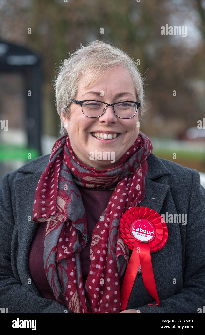 Sonya Ward c.p.p. per Mansfield si batte per il dicembre 12th. Elezioni generali in Mansfield, Nottinghamshire, Regno Unito Foto Stock