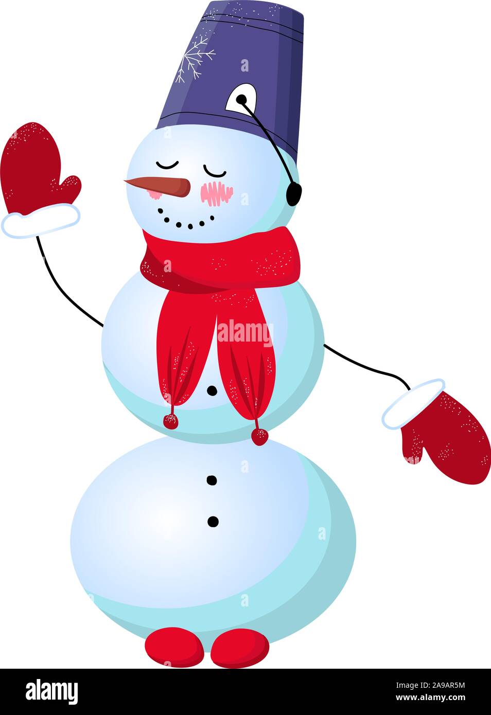 Carino pupazzo di neve su uno sfondo bianco. Illustrazione Vettoriale. Carattere d'inverno. Donna di neve. Naso carota.. Illustrazione Vettoriale