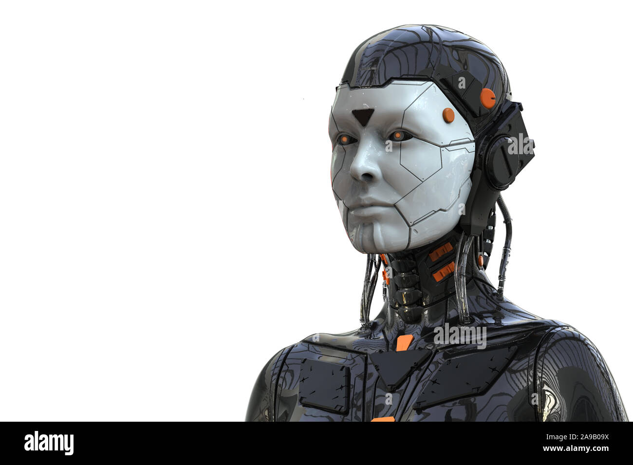 Robot donna, sci-fi androide femmina intelligenza artificiale 3d rendering sullo sfondo Foto Stock