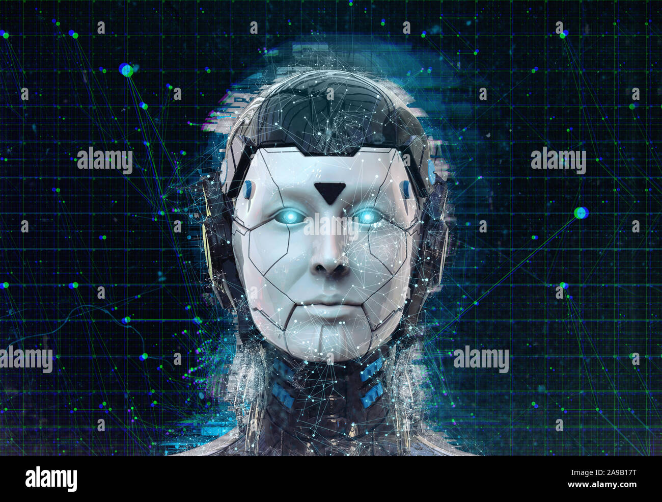 La tecnologia Robot sci-fi Cyborg donna android sfondo : umanoidi intelligenza artificiale wallpaper-3D render Foto Stock